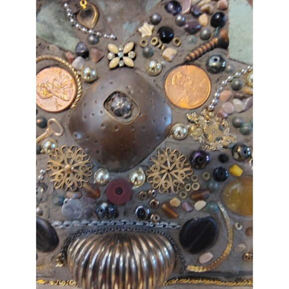 Mixed Media Steampink Mirror Wall Art, Coins, Beads, Pottery Copper Nailed Trim - Picture 6 of 10